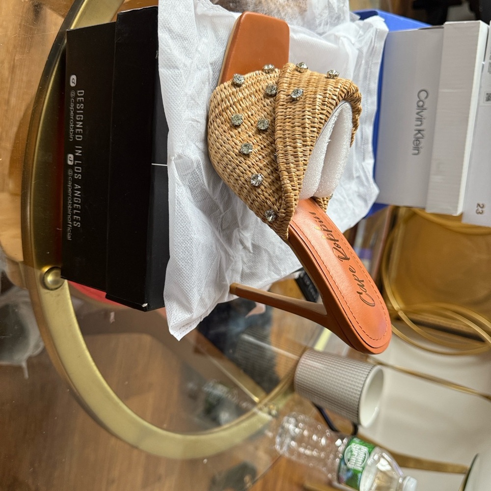 Cape Robbin Woven Tan Heels with Rhinestones